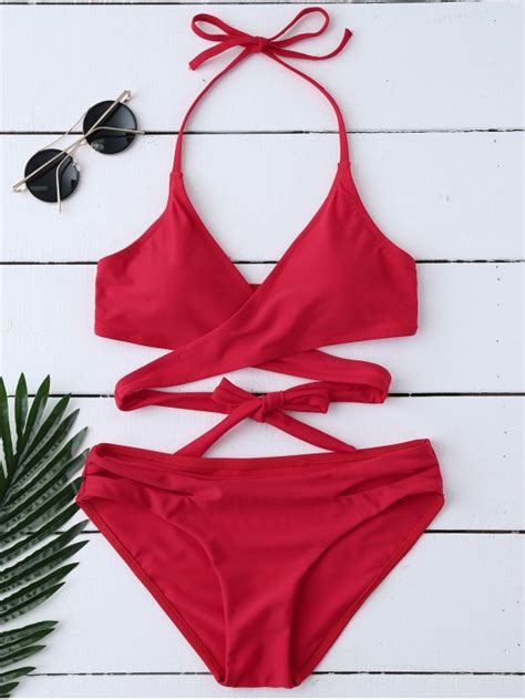 Padded Halter Wrap Bikini Set RED Bikinis S ZAFUL