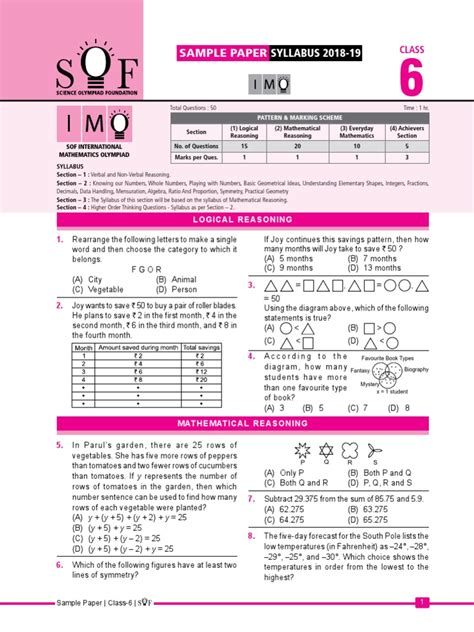 Imo Sample Paper Class 6 Pdf Geometry Teaching Mathematics