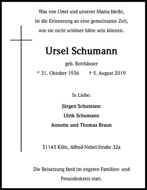 Traueranzeigen Von Ursel Schumann Wirtrauern