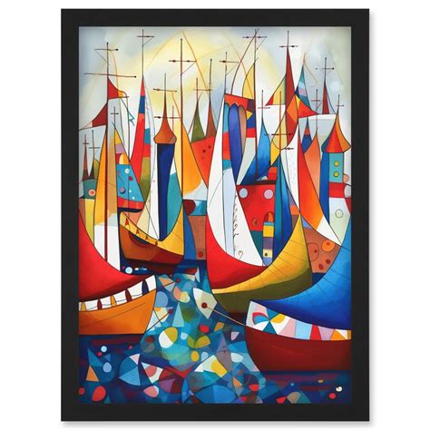 Fishing Boats At Sea Folk Art Watercolour Painting Artwork Framed Wall