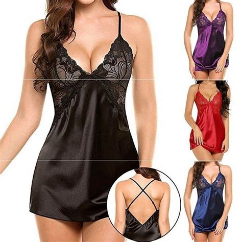 Lingerie Sexy Para Mulheres Imitação Ice Silk Deep V Neck Backless