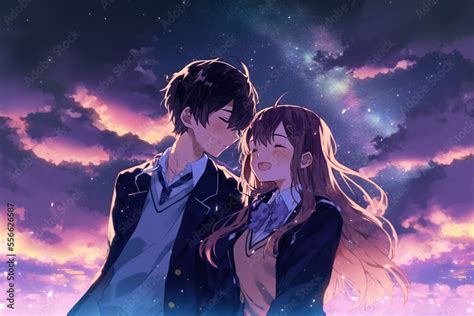 ภาพประกอบสต็อก Cute Couple In Love Romantic Wallpaper Anime Style Characters Ai ภาพ Adobe Stock