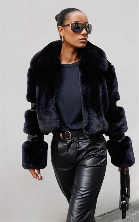 Black Faux Fur Cropped Bubbled Coat Prettylittlething Ire