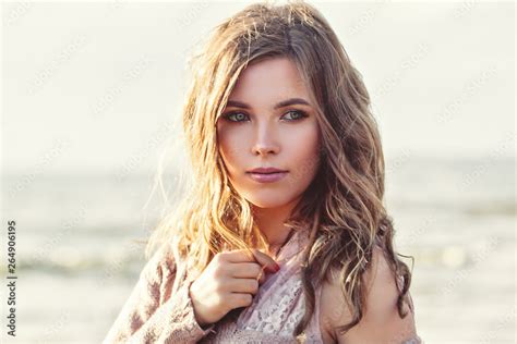 Beautiful Woman Face Closeup Portrait Pretty Girl With Long Curly