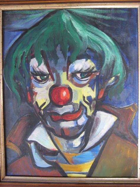 Vintage Modernist Cubist Clown Head Face Oil Painting Signed Framed Old