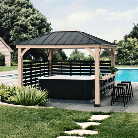 Sunjoy Outdoor Patio Grill Gazebo 11x11 Black Wooden Frame Aluminum Privacy Screen Backyard