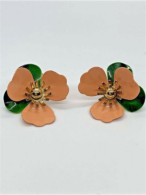 Vintage SARAH COVENTRY PEACH ENAMEL FLOWER EARRINGS Gem