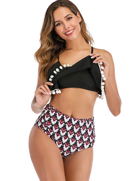 New Women S Two Piece Swimsuits Tiered Flounce Top High Waist Bikini