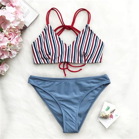 Cupshe Sassy Sweetheart Stripe Bikini Set Women Lace Up Batching