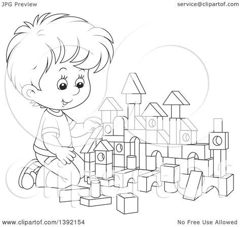 Clipart of a Cartoon Black and White Lineart Little Boy Playing with ...