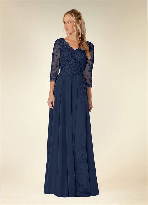 Azazie Noella Dark Navy A Line V Neck Lace Chiffon Dress Azazie