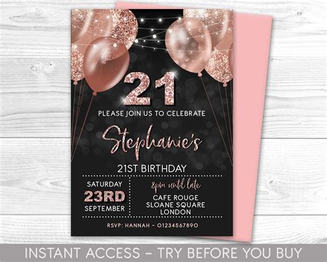 21st Birthday Invitation Editable 21st Invite Rose Gold Etsy Canada