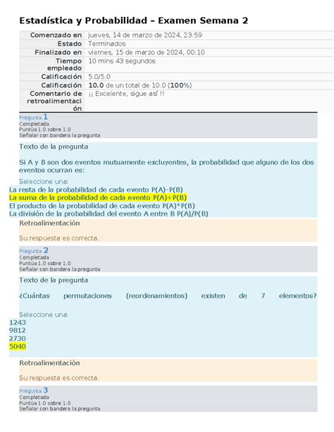 Estadística y Probabilidad Examen Semana 2 Calificación 10 de un