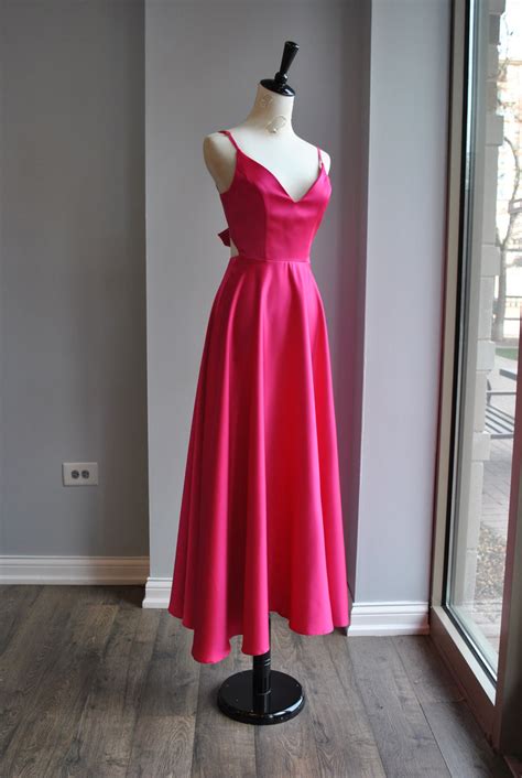 Fuchsia Pink Midi Silky Dress With Tie Back Le Obsession Boutique