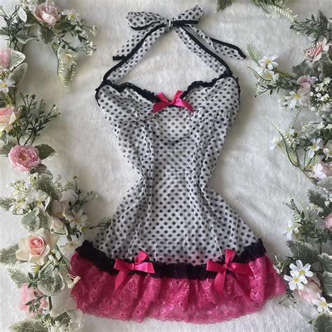 Y K Polka Dot Hot Pink Lace Sheer Halter Slip Depop