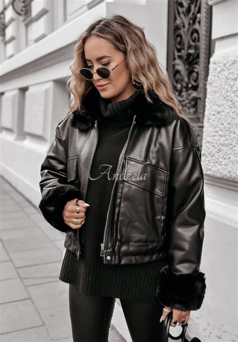 Jacke aus Lederimitat mit Fell Shopaholic Schwarz Andżela Online Shop