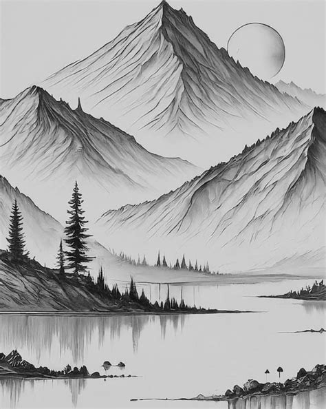 serene mountainscape  minimalist ink illustration black landscape