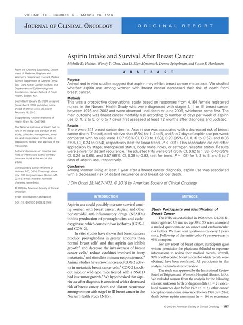 PDF Aspirin Intake And Survival After Breast Cancer