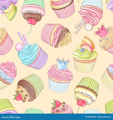 Different Cupcakes Seamless Pattern Vector Illustration Stock Vector