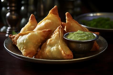 Premium AI Image | Samosas and Chutney