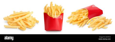 French Fries Or Fried Potatoes In A Red Carton Box Isolated On White Background With Full Depth