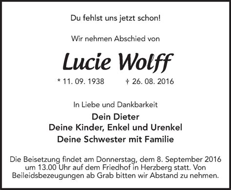 Traueranzeigen Von Lucie Wolff M Rkische Onlinezeitung Trauerportal