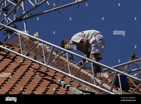 Kastrup Copenhagen Denmark Construction Worker Male Wroking On Roof