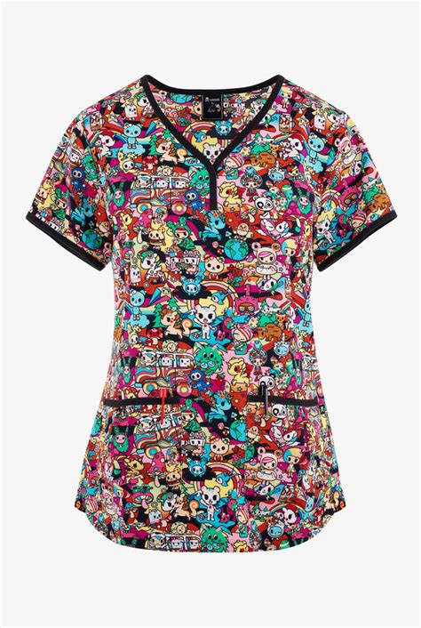 Koi Tokidoki Stay Groovy Womens 2 Pocket Stretch Y Neck Print Scrub