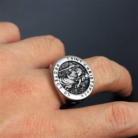 Mens Stainless Steel Catholic Signet St Saint Christopher Ring Etsy