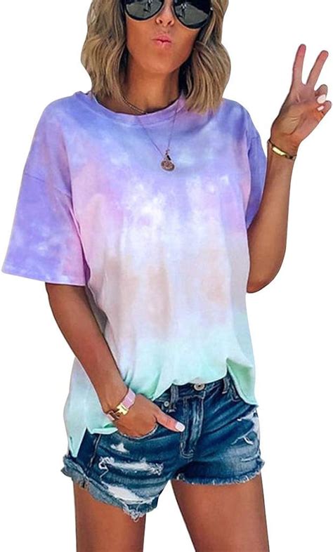 Damen T Shirt Sommer Tie Dye Tshirts Mode Rainbow Tee Casual Shirt