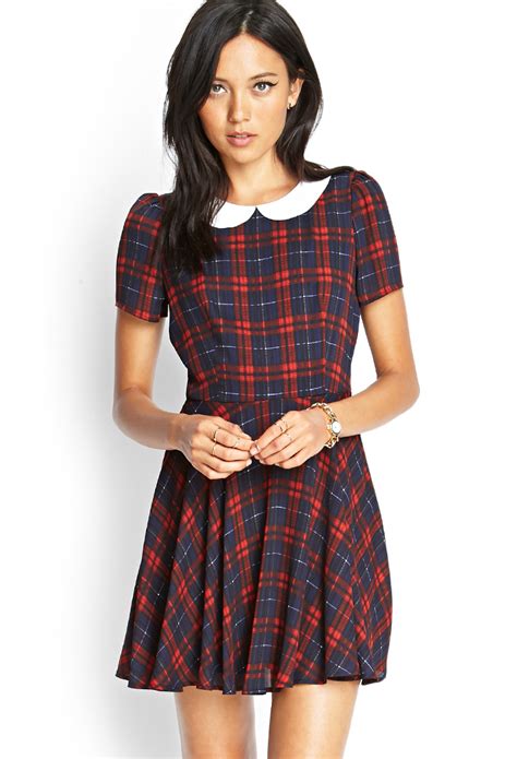 Lyst Forever Plaid Peter Pan Collar Dress In Blue