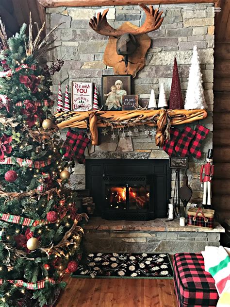 Christmas Mantle Buffalo Plaid Stockings And Rustic Decor