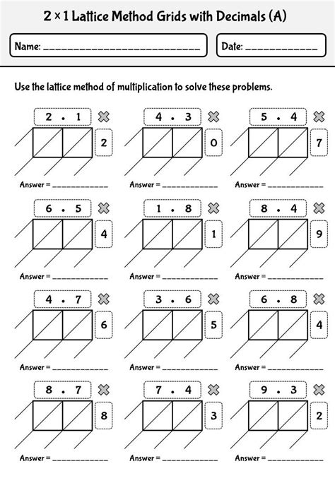 lattice method  multiplication worksheets  decimals numbers
