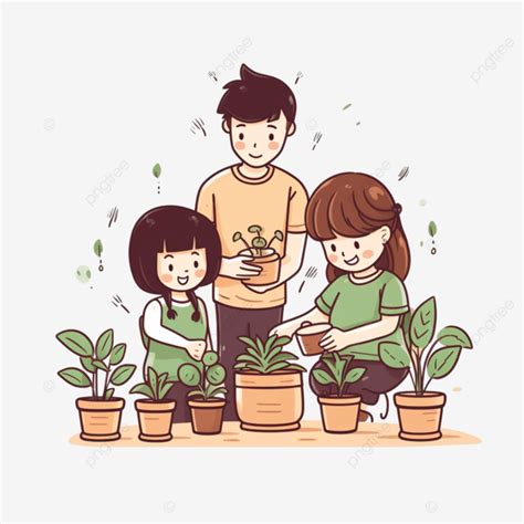 Familia Ayudando A Cuidar Las Plantas En Macetas Ilustración En Estilo