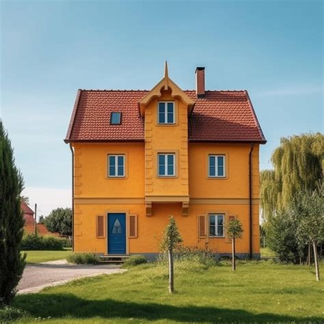 Premium AI Image A Yellow House With A Blue Door And A Red Roof