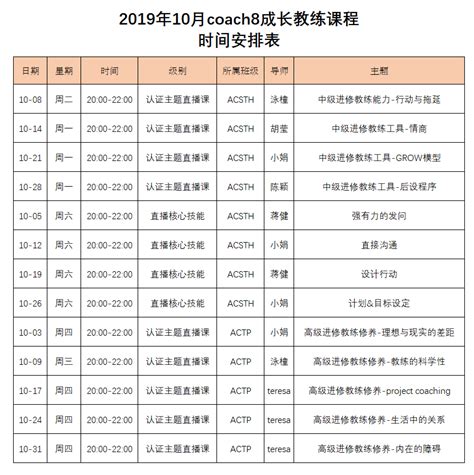 2019年10月coach8成长教练课程时间安排表