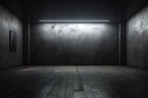 Una habitación oscura con una luz en la pared y un fondo negro Foto