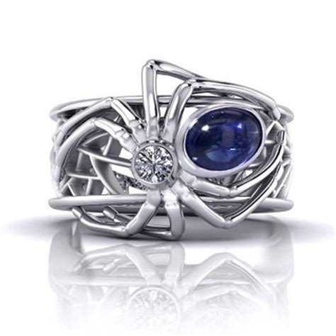 Punk Blue Zircon Spider Grote Ring Mannen Hip Hop Zilveren Sieraden