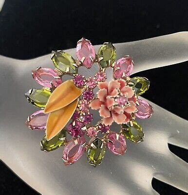 Alice Caviness Pink Green Rhinestone And Enamel Flower Brooch Ebay