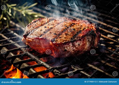 Appetitive Spices Beef Steak Sizzling Over Flaming Grill Gourmet Food