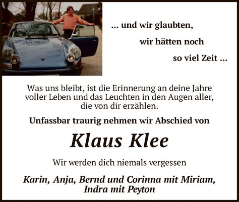 Traueranzeigen Von Klaus Klee Trauer Kreiszeitung De