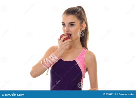 Cutie Slim Brunette Sports Woman In Body Swisuit Posing Isolated On