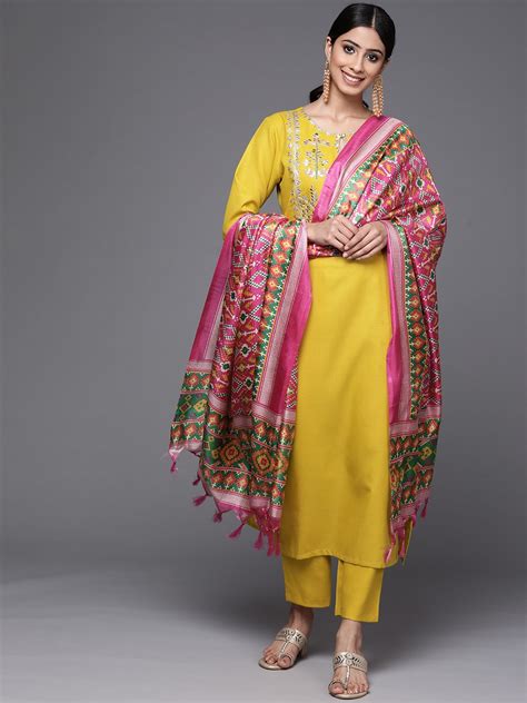 Buy Varanga Women Mustard Yellow Yoke Design Mirror Work Cotton Kurta With Trousers And Dupatta