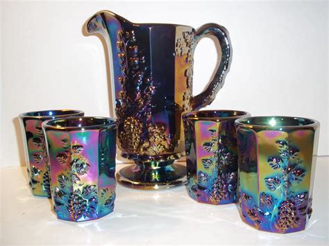 Mosser Glass Amethyst Purple Carnival Paneled Grape Pitcher & 4 Tumblers Set