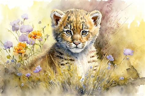 Watercolor Painting of a Cute Baby Tiger on a Blooming Meadow. Baby Tiger. Generative Ai ...