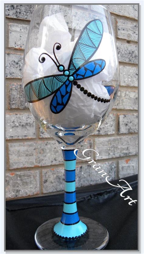 Dragonfly Wine Glass Dragonfly Hand Painted Wine Glass By Granart