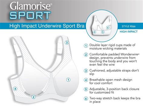 Glamorise High Impact Sport Bra H Underwired Stretch Back Wicks U Dry