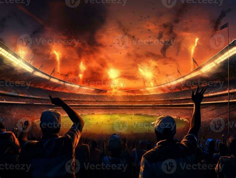 Digital painting of Support back view of cricket, cricket fans cheering their team generative ai ...