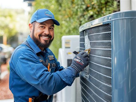 air conditioning technician  blue clothes repairing  ac unit