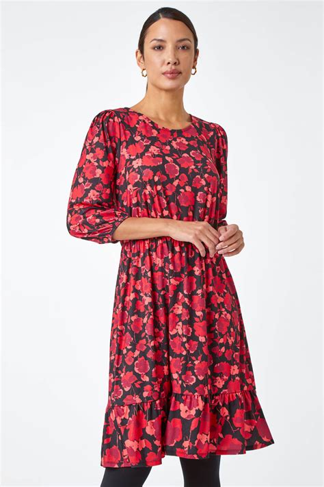 Red Floral Print Frill Hem Stretch Dress Roman Uk